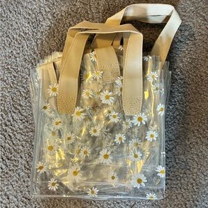 Set of 9 Plastic Transparent Floral Tote Bags with Tan Handles